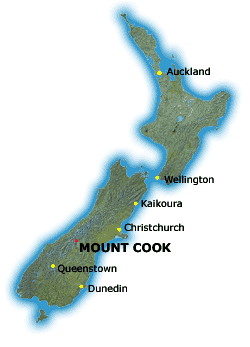 Map of NZ showing Mt Cook